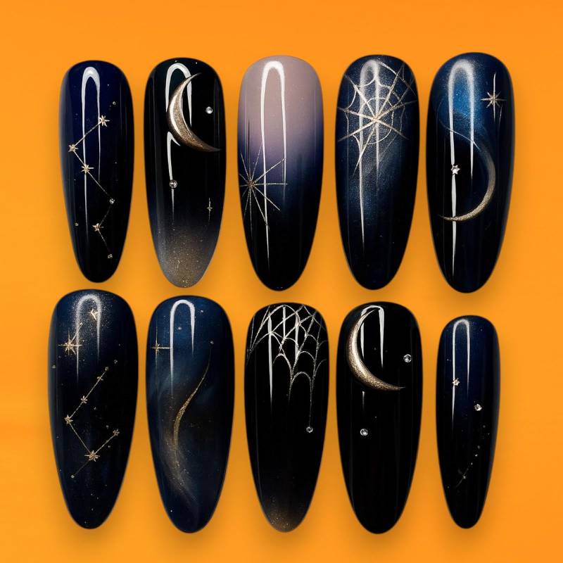 Mond & Stern Nail Art, Cosmic Black Press On Nails, Galaxy Design, Sterne, Halbmond, Web Nachthimmel, Art Set von Etsy - JochenSylas