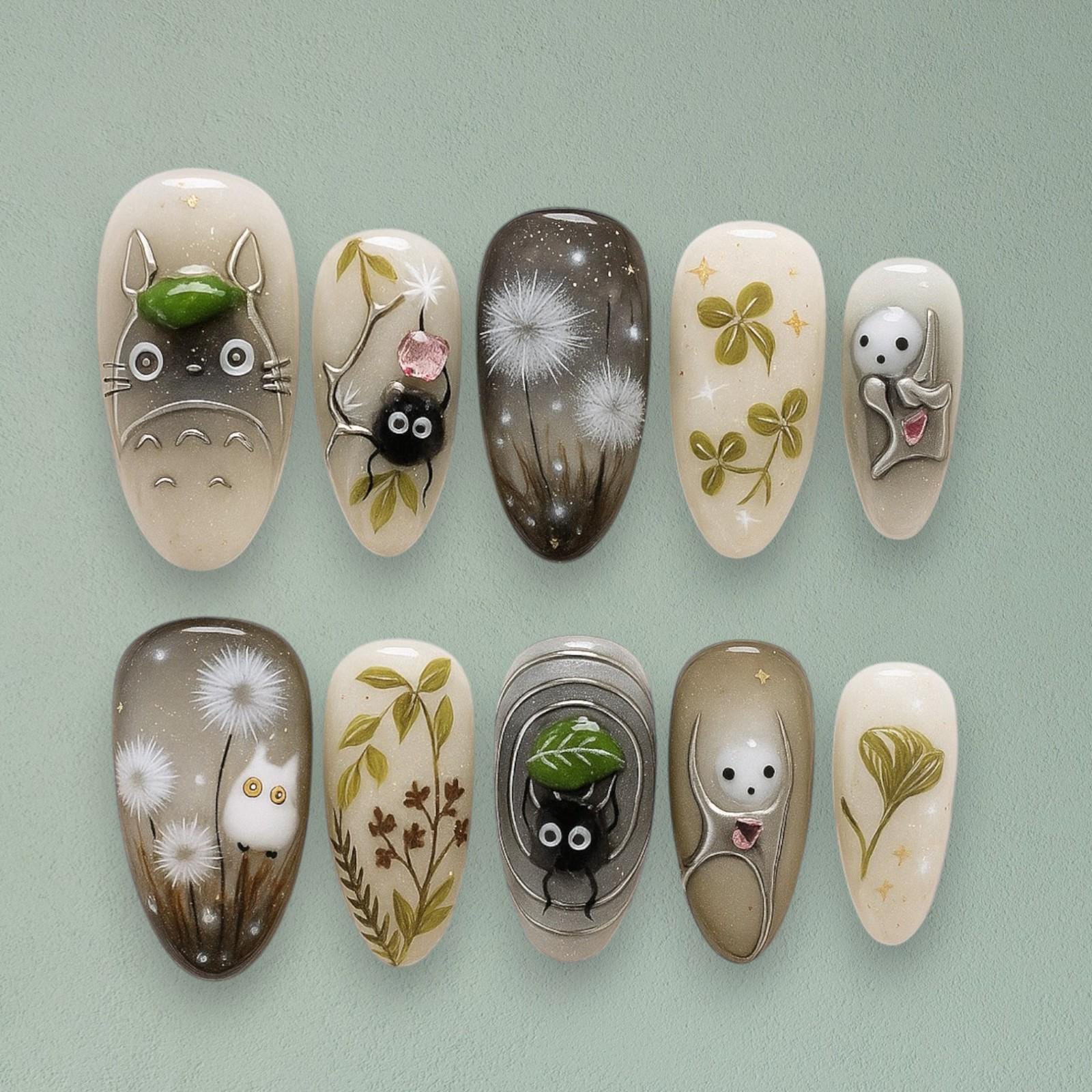 Niedliche Wald Drücken Sie Auf Die Nägel Mit Natur & Character Art, Handgefertigte Neutrale Falsche Nägel, Wunderliches Garten Nageldesign Für von Etsy - JochenSylas