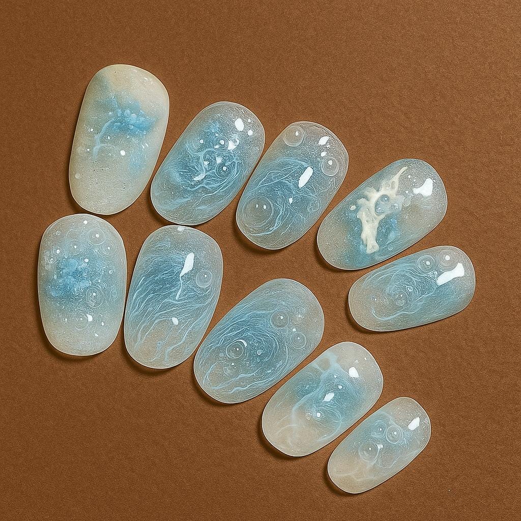 Ocean Blue Jelly Drücken Sie Auf Die Nägel | Handgefertigte Kurze Oval Gefälschte Transparente Marmor Nail Art Sommer Soft Gel Nagel Set von Etsy - JochenSylas