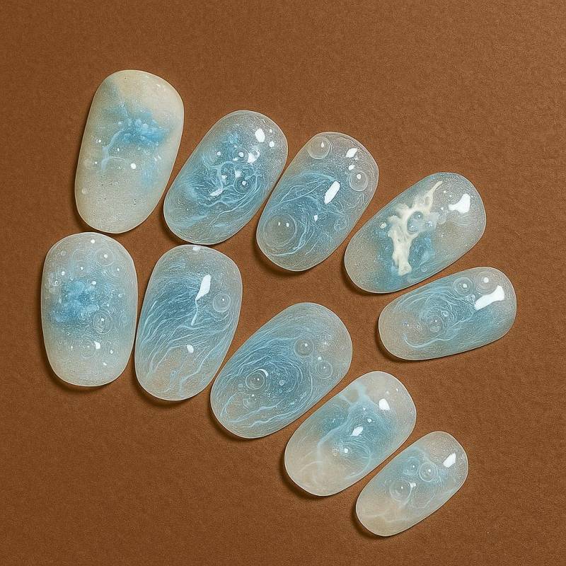 Ocean Blue Jelly Drücken Sie Auf Die Nägel | Handgefertigte Kurze Oval Gefälschte Transparente Marmor Nail Art Sommer Soft Gel Nagel Set von Etsy - JochenSylas