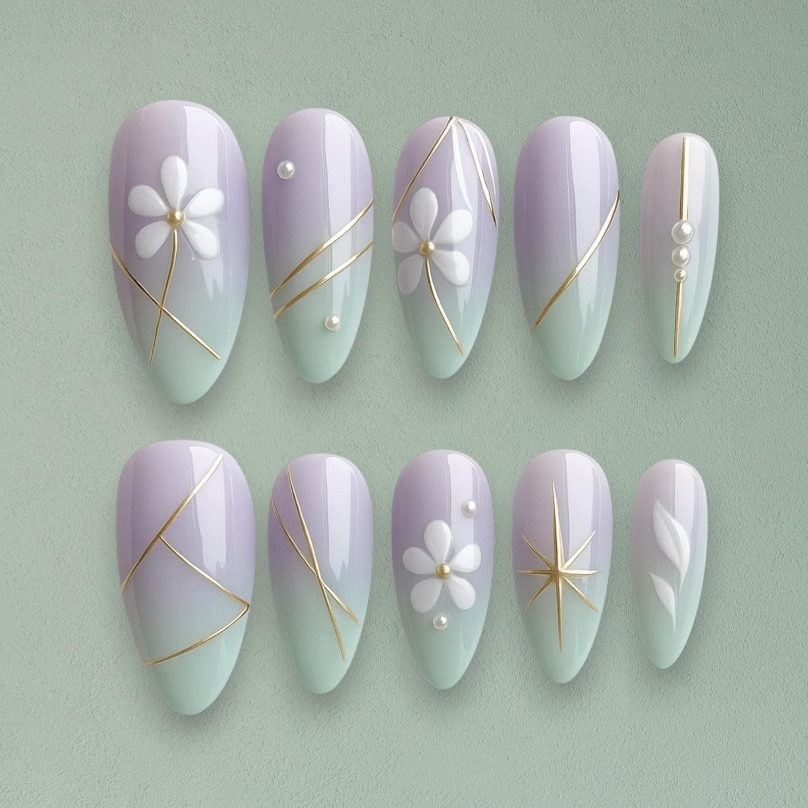 Pastellviolett Und Minze Drücken Sie Auf Die Nägel Mit Weißem Gänseblümchen Gold Line Art, Handgemachte Falsche Farbverlauf, Elegantes von Etsy - JochenSylas