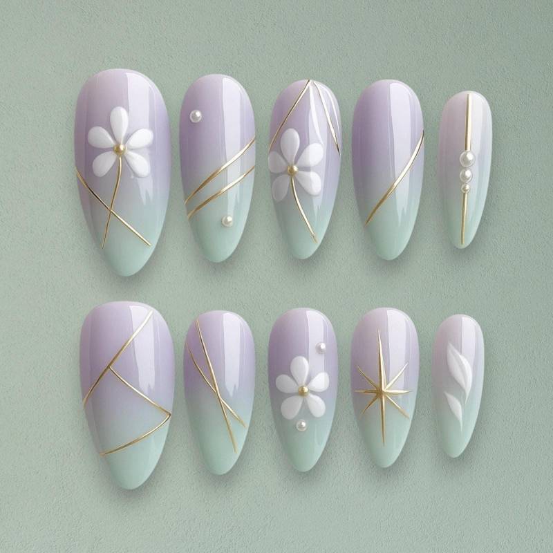 Pastellviolett Und Minze Drücken Sie Auf Die Nägel Mit Weißem Gänseblümchen Gold Line Art, Handgemachte Falsche Farbverlauf, Elegantes von Etsy - JochenSylas
