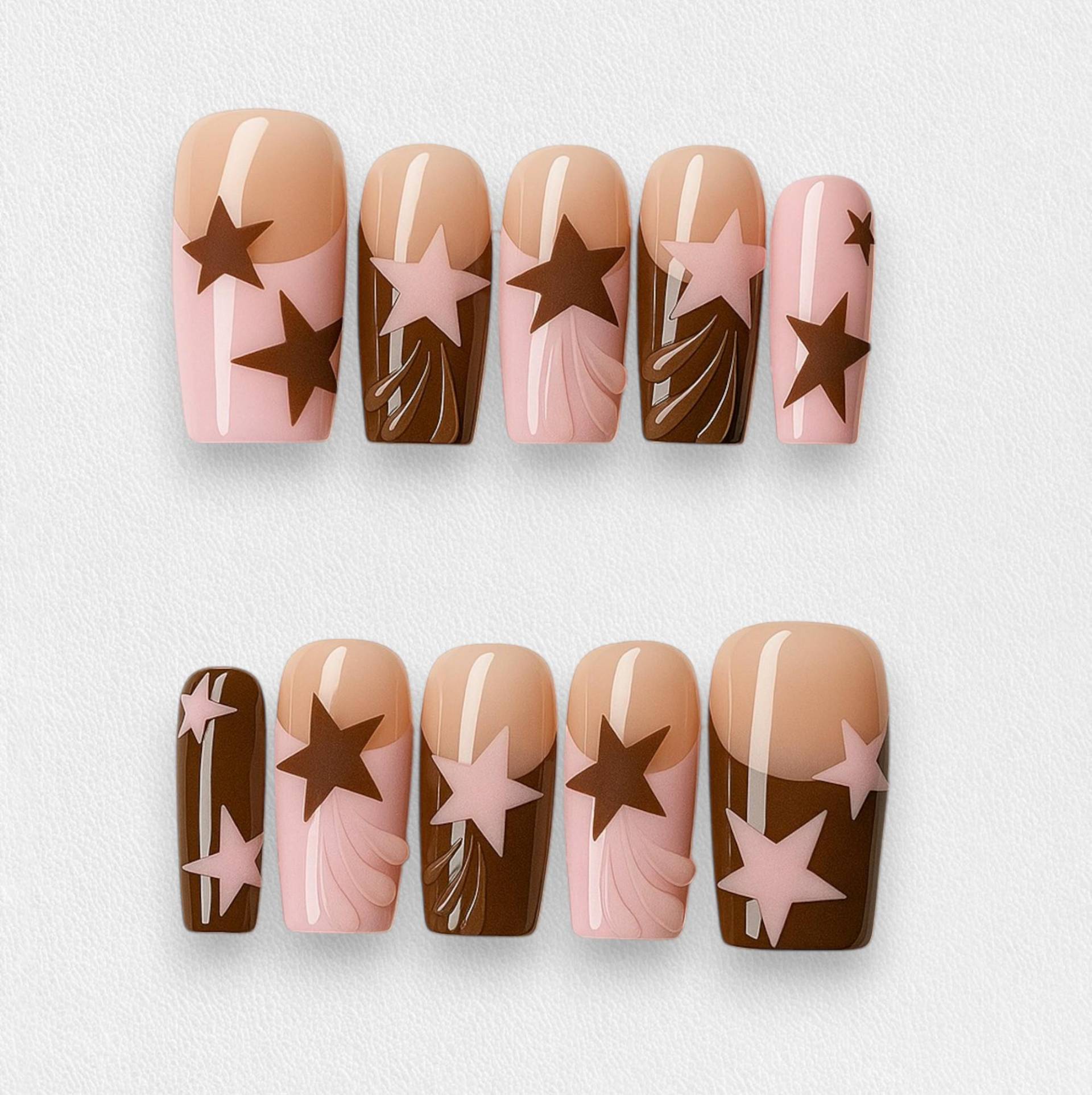 Rosa Und Brauner Stern Press On Nails, Retro Swirl Design Mit Glänzendem Finish, Handgemachtes Y2K Nail Art Set, Süße Groovy 70Er Jahre von Etsy - JochenSylas