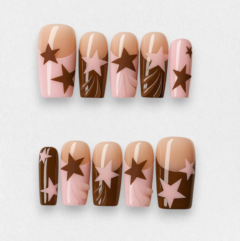 Rosa Und Brauner Stern Press On Nails, Retro Swirl Design Mit Glänzendem Finish, Handgemachtes Y2K Nail Art Set, Süße Groovy 70Er Jahre von Etsy - JochenSylas