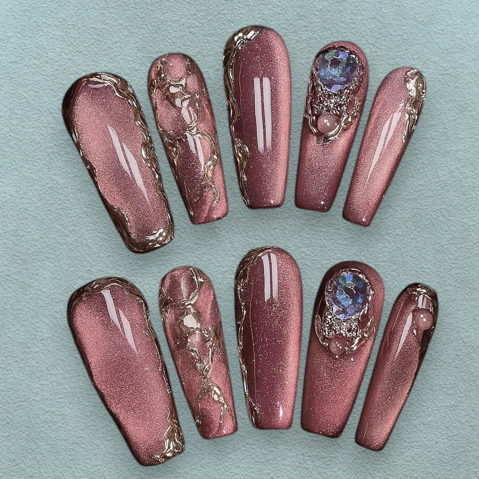 Rose Gold Press On Nails, Langes Sargnagelset Mit Metallfolie, Strasssteinen Und Glitzerakzenten, Handgefertigte Wiederverwendbare, Glamouröse Rose Gold Press On Nails, Langes Sargnagelset Mit Metallfolie, Strasssteinen Und Glitzerakzenten, Handgefertigte Wiederverwendbare, Glamouröse von Etsy - JochenSylas