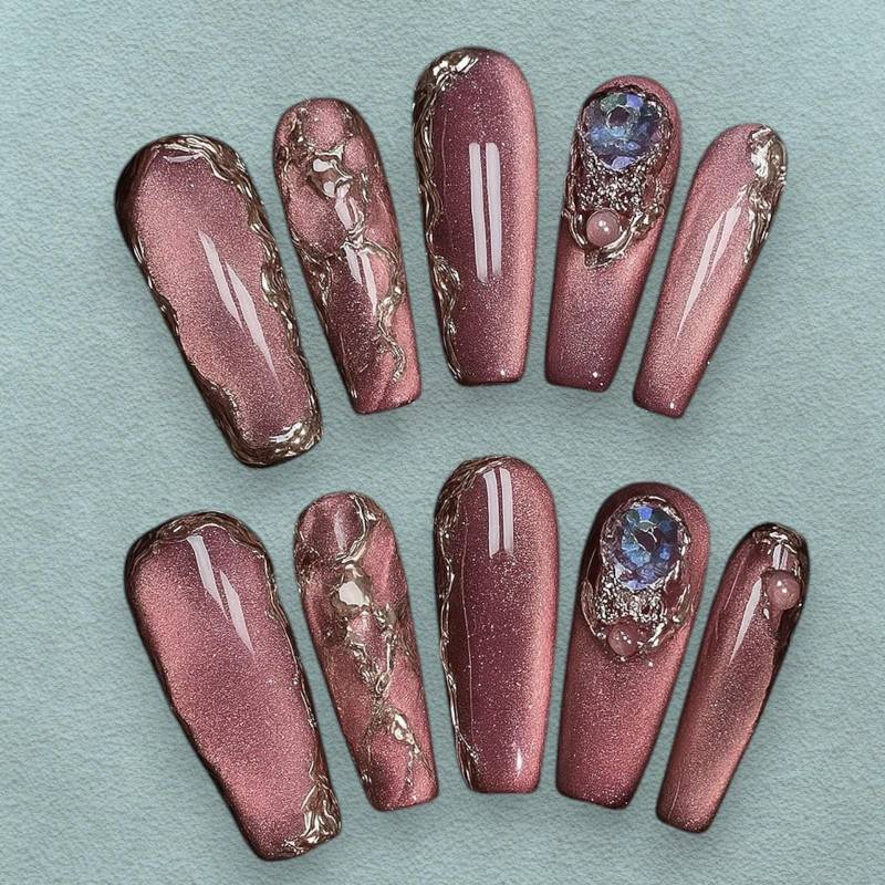 Rose Gold Press On Nails, Langes Sargnagelset Mit Metallfolie, Strasssteinen Und Glitzerakzenten, Handgefertigte Wiederverwendbare, Glamouröse Rose Gold Press On Nails, Langes Sargnagelset Mit Metallfolie, Strasssteinen Und Glitzerakzenten, Handgefertigte Wiederverwendbare, Glamouröse von Etsy - JochenSylas