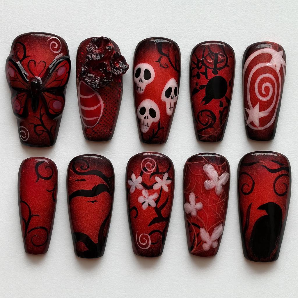 Rot Schwarz Gothic Drücken Sie Die Nägel, Halloween 3D Nagelkunst, Schädel Spinne Schmetterling Design, Gruselige Witchy Sarg Handgemachte Rot Schwarz Gothic Drücken Sie Die Nägel, Halloween 3D Nagelkunst, Schädel Spinne Schmetterling Design, Gruselige Witchy Sarg Handgemachte von Etsy - JochenSylas