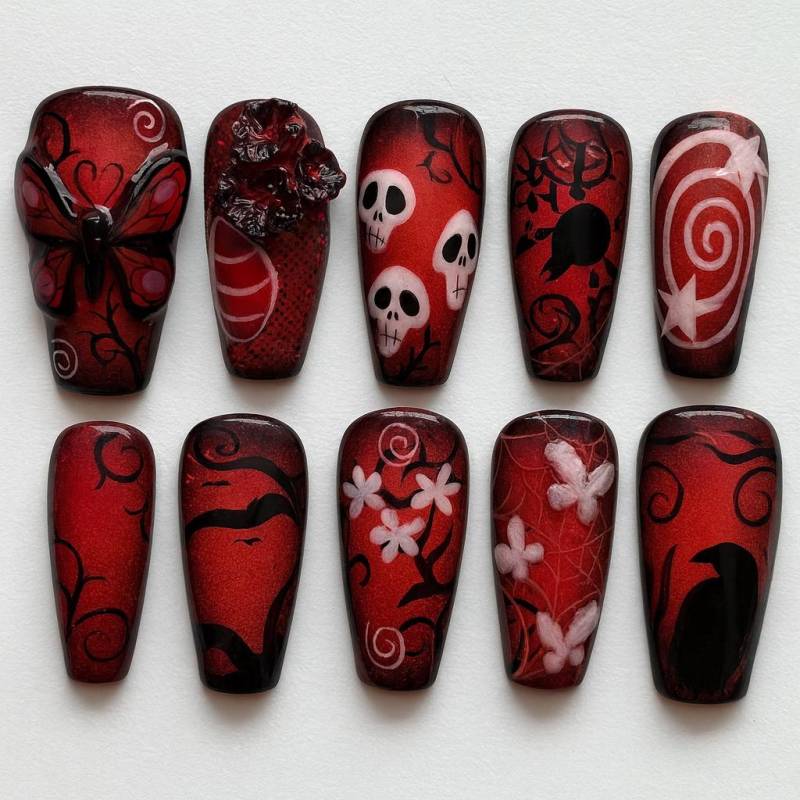 Rot Schwarz Gothic Drücken Sie Die Nägel, Halloween 3D Nagelkunst, Schädel Spinne Schmetterling Design, Gruselige Witchy Sarg Handgemachte von Etsy - JochenSylas
