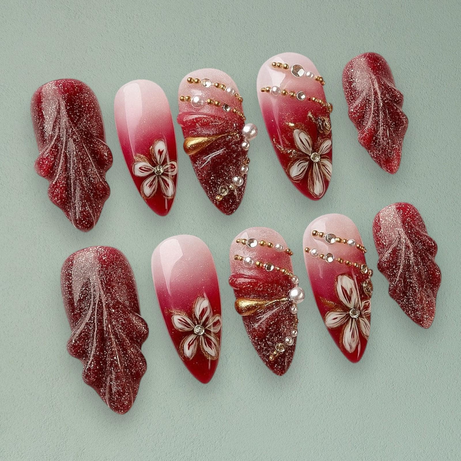 Rote Glitzer-Press-On-Nägel, Handgefertigte Lange Nagelset Mit 3D-Blumen, Perlen Und Strasssteine, Elegante Falsche Nägel Für Party-Hochzeit Rote Glitzer-Press-On-Nägel, Handgefertigte Lange Nagelset Mit 3D-Blumen, Perlen Und Strasssteine, Elegante Falsche Nägel Für Party-Hochzeit von Etsy - JochenSylas