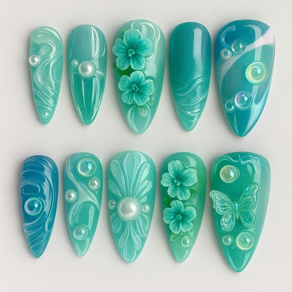 Türkis Blumen Nail Art Set, 3D Blumendesign Press On Nails, Kristallperlen, Handgefertigte Gel-Spitzen, Maniküre-Set, Custom Fit, Ombre Nägel Türkis Blumen Nail Art Set, 3D Blumendesign Press On Nails, Kristallperlen, Handgefertigte Gel-Spitzen, Maniküre-Set, Custom Fit, Ombre Nägel von Etsy - JochenSylas