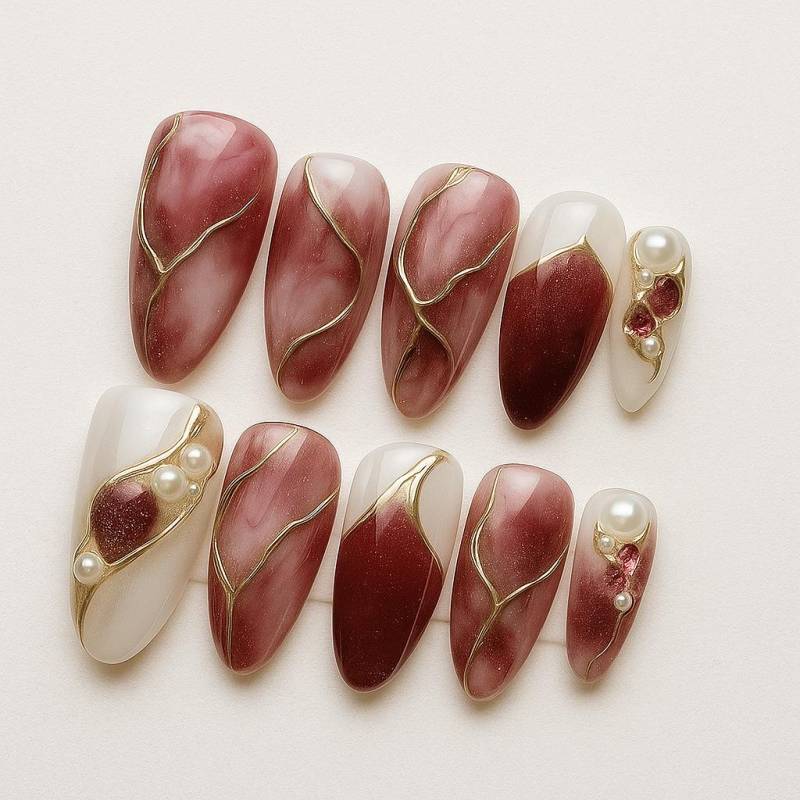 Weinroter Marmor Kunstnägel, Gold Swirl Perlen 3D Glänzende Edelstein Elegante Handgemachte Gelspitzen, Luxusgeschenk Für Sie von Etsy - JochenSylas