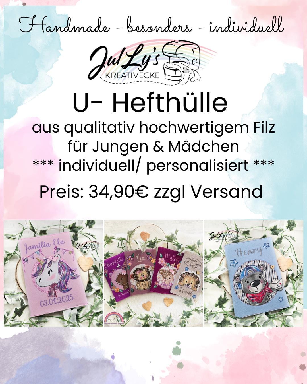 Personalisierte U-Heft Hülle Aus Filz - Einzigartiges Baby Geschenk Zur Geburt & Taufe Grosse Motivauswahl Handmade Für Mädchen Jungen von Etsy - JulLysKreativEcke