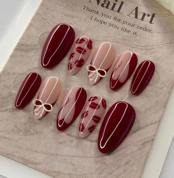 10Pcs Burgundy Almond-Shaped Press On Acrylic Nails von Etsy - Julinity