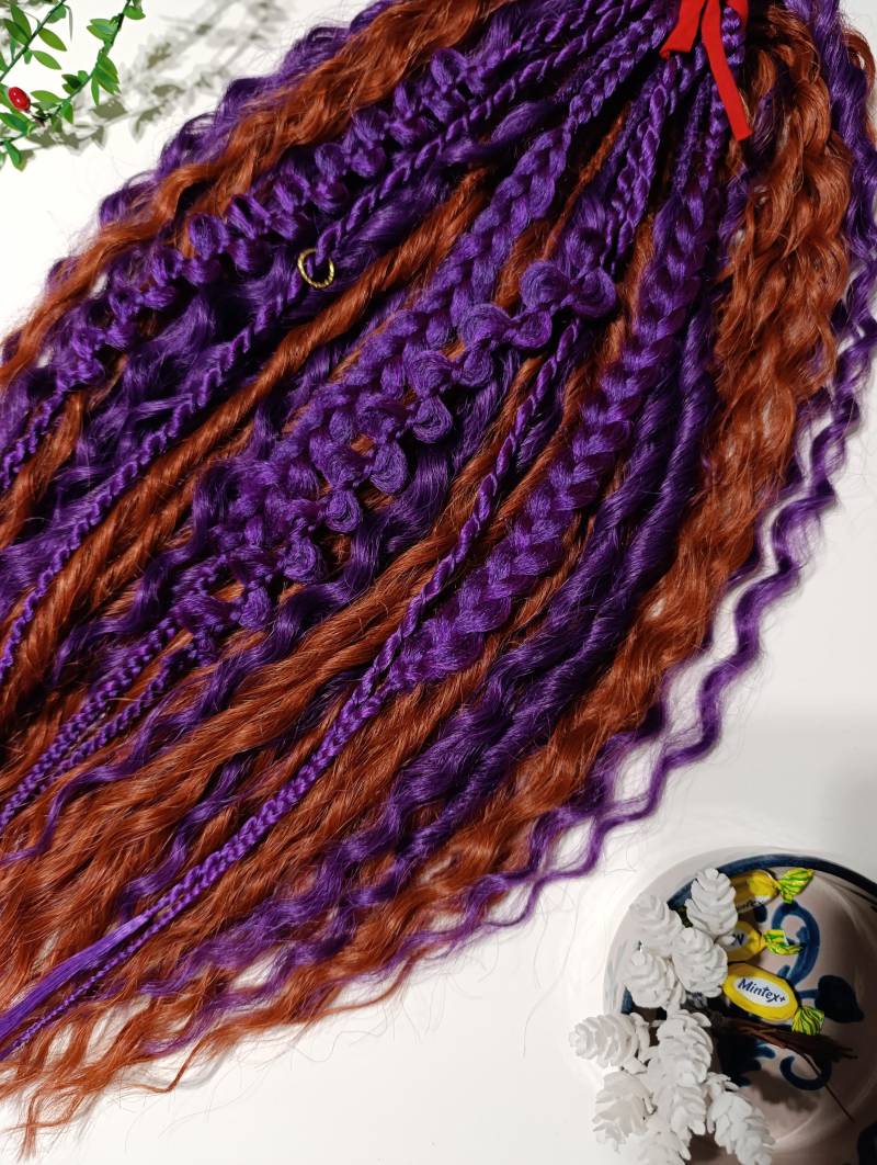Rotbraune Und Lila Lockige Dreadlocks Mit Geflochtenen Zöpfen, Kanekalon Kunsthaarverlängerungen Rotbraune Und Lila Lockige Dreadlocks Mit Geflochtenen Zöpfen, Kanekalon Kunsthaarverlängerungen von Etsy - KIRINDREADS