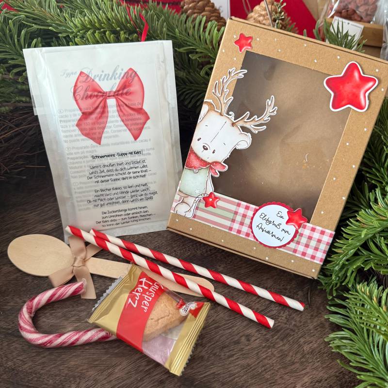 Liebevoll Gestaltete Geschenkbox Mit Elchmotiv - Trinkschokolade, Cookie, Zuckerstange. Perfekt Als Wintergruß , Kleines Weihnachtsgeschenk von Etsy - KathisPapierkunst