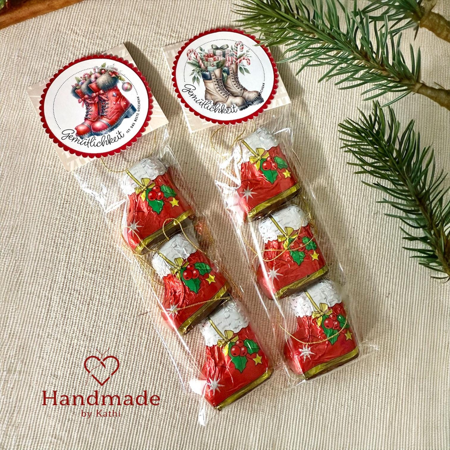 Liebevoll Verpackte Schokoladenstiefel - Süße Geschenkidee Für Nikolaus, Wichteln & Weihnachten, 3Er Set in Cellophan-Tüte von Etsy - KathisPapierkunst