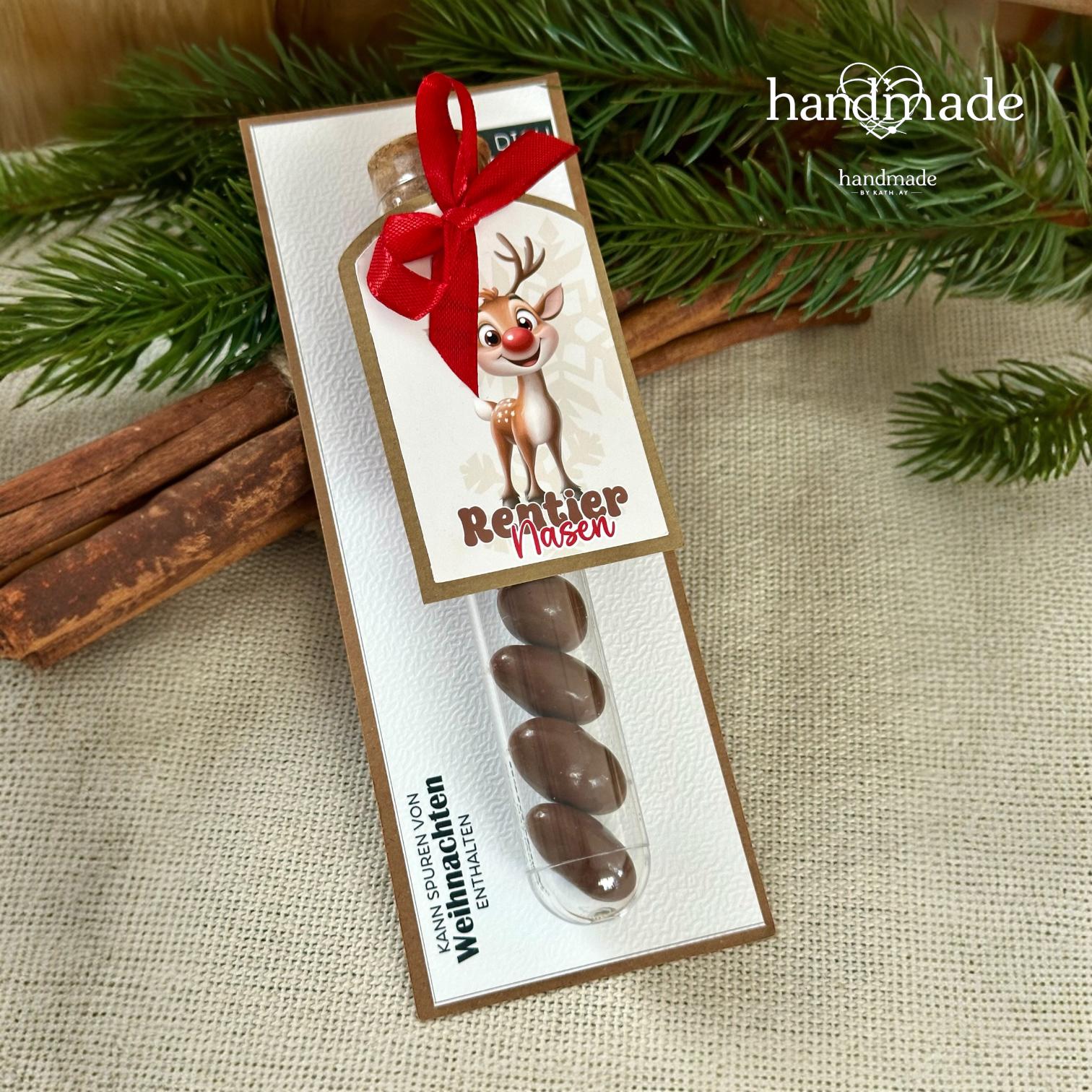 Rentiernasen Geschenk Weihnachten - Reagenzglas Mit Schokolierten Mandeln Und Erdbeere, Liebevoll Verpackt Schleife & Etikett von Etsy - KathisPapierkunst