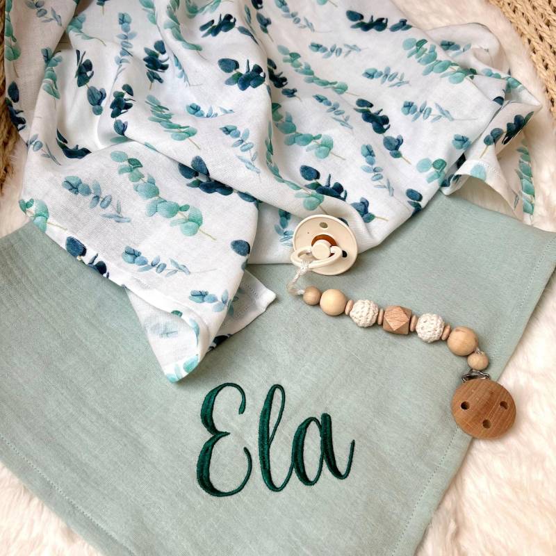 2Er Set Musselintuch Baby - Geschenkset Zur Geburt Spucktuch Personalisiert Mulltuch Eukalyptus Geschenk Babyparty von Etsy - Kejki