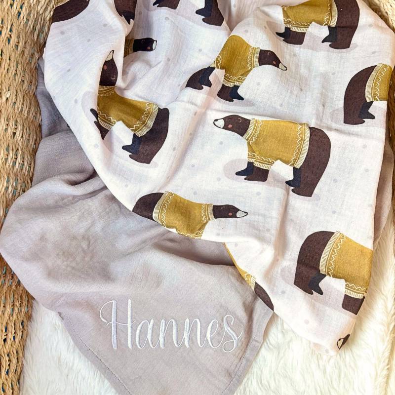 Musselintuch-Set Baby Personalisiert Mit Bären-Wintermotiv - Spucktuch, Mulltuch, Stilltuch Geschenkset Zur Geburt & Babyparty von Etsy - Kejki
