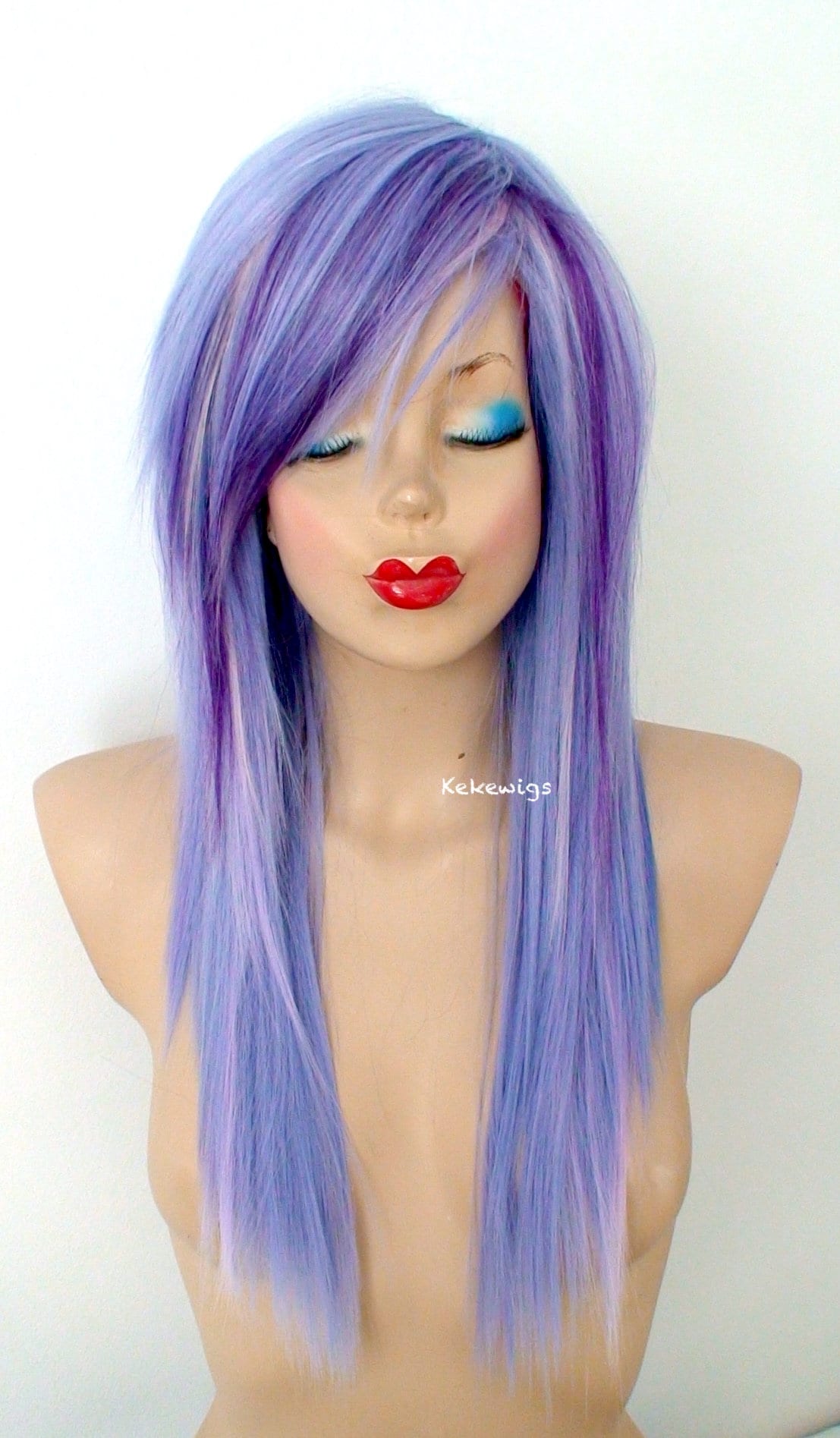 Pastel Emo Perücke Lavendel, Blau, Rosa Gestuftes Haar, Side Pony | 61 " von Etsy - KekeWigs
