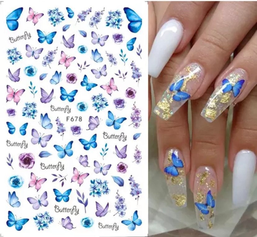 Blau, Lila Und Rosa Schmetterlinge Blumen Nail Art Sticker von Etsy - KitschyNails