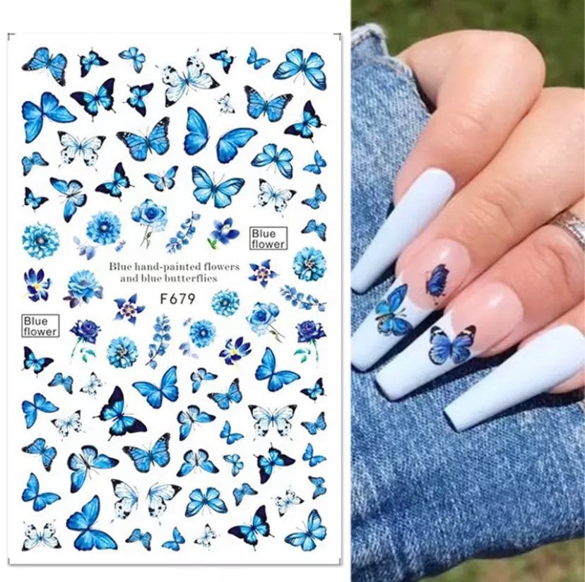 Blaue Schmetterlinge Und Blumen Nail Art Sticker von Etsy - KitschyNails