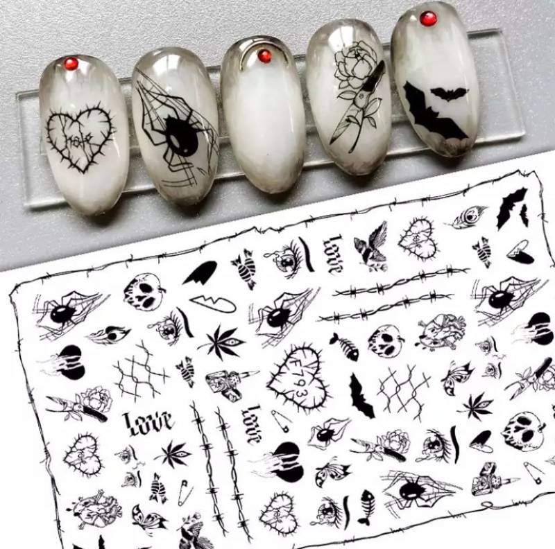 Halloween, Totenkopf, Spinne Und Weinendes Auge, Schwarzes Klares Design - Nail Art Stickers von Etsy - KitschyNails