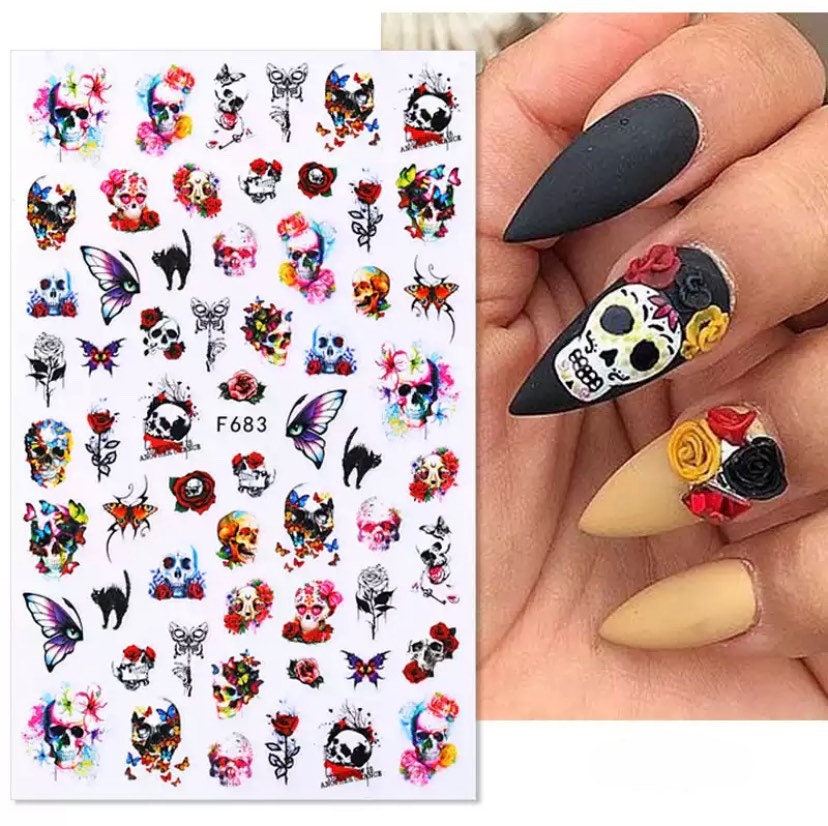 Halloween, Totenkopf Und Rosen, Schmetterlinge Schwarze Katze - Nail Art Stickers Halloween, Totenkopf Und Rosen, Schmetterlinge Schwarze Katze - Nail Art Stickers von Etsy - KitschyNails