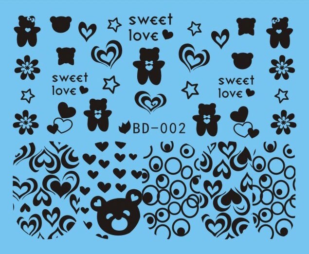 Wasser Transfer Nagel Aufkleber, Cartoon Bär, Herz, Blume Und Stern Nageldekoration, Schwarze Muster-Design Wasser Transfer Nagel Aufkleber, Cartoon Bär, Herz, Blume Und Stern Nageldekoration, Schwarze Muster-Design von Etsy - KitschyNails