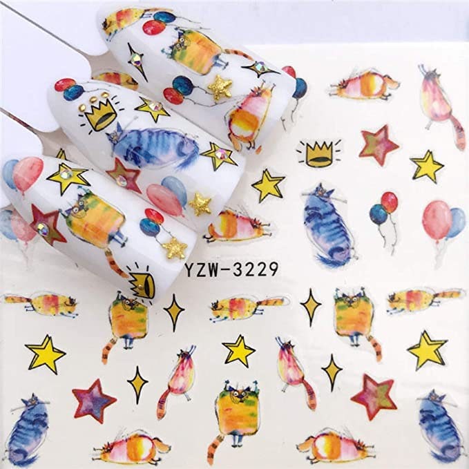 Wasser Transfernagel Aufkleber, Nagelaufkleber, Katze, Sterne, Krone Und Luftballons Design, Katze Nail Art, Nagel Dekoration Wasser Transfernagel Aufkleber, Nagelaufkleber, Katze, Sterne, Krone Und Luftballons Design, Katze Nail Art, Nagel Dekoration von Etsy - KitschyNails