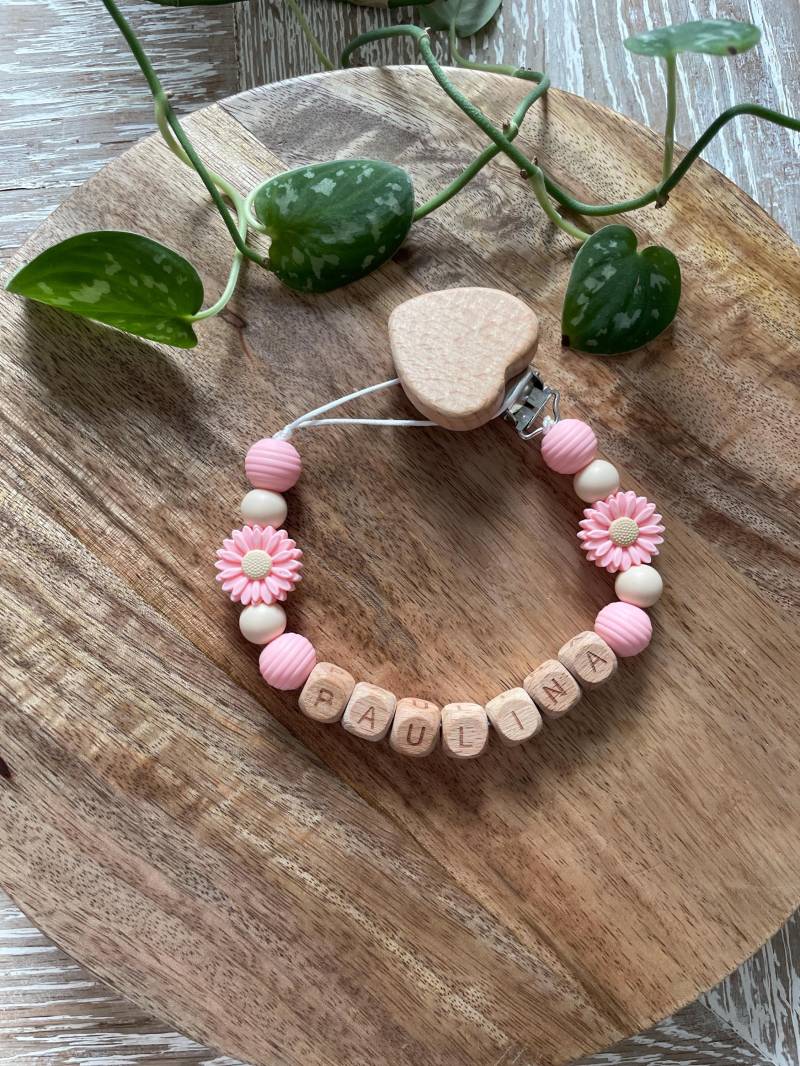 Schnullerkette | Mit Namen Personalisiert Mädchen Junge Rosa Holz |Blumen Geburt Taufe von Etsy - KleineKreativeWunder