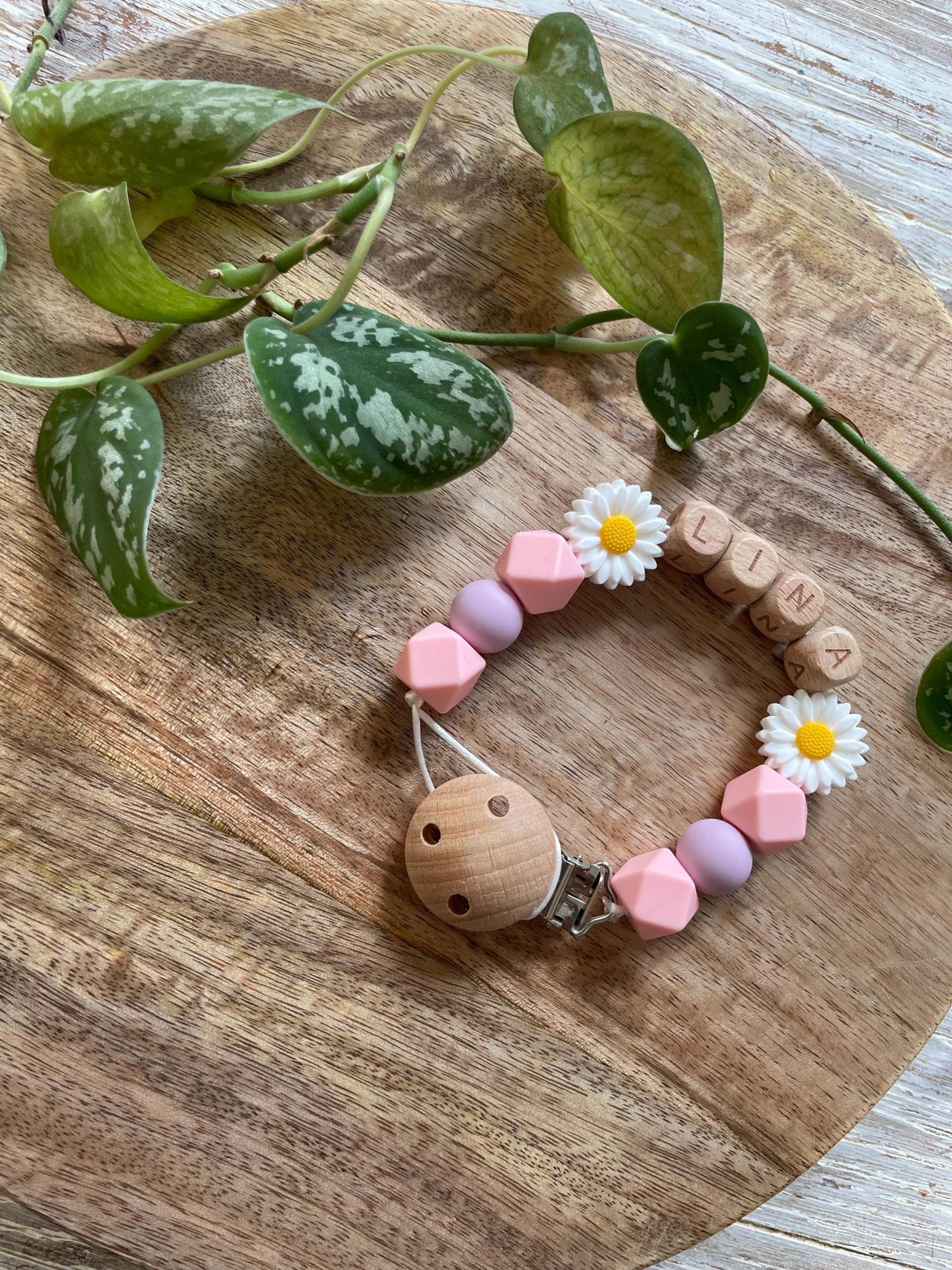 Schnullerkette | Mit Namen Personalisiert Mädchen Rosa Blumen Geburt Taufe von Etsy - KleineKreativeWunder