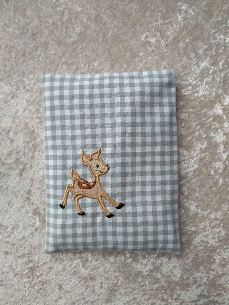 Wärmekissen, Reh-Applikation, Hellgrau-Weiß-Kariert von Etsy - KleineWohlmanufaktur