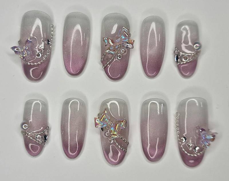 Handgemachte Press-On Nägel | Wiederverwendbare Fake Nails Maßanfertigung Nageldesign Nach Wunsch Lila Cat Eye von Etsy - KlimBimbySophie