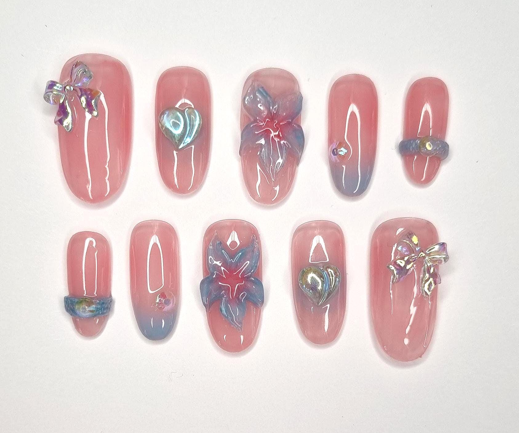 Handgemachte Press-On Nägel | Wiederverwendbare Fake Nails Maßanfertigung Nageldesign Nach Wunsch Pink Blau von Etsy - KlimBimbySophie