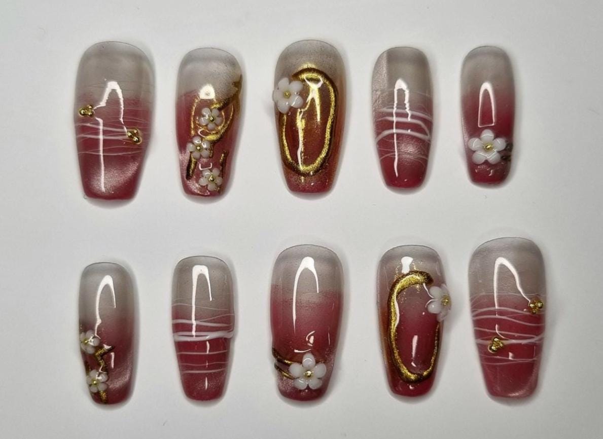 Handgemachte Press-On Nägel | Wiederverwendbare Fake Nails Maßanfertigung Nageldesign Nach Wunsch Pink Gold Handgemachte Press-On Nägel | Wiederverwendbare Fake Nails Maßanfertigung Nageldesign Nach Wunsch Pink Gold von Etsy - KlimBimbySophie