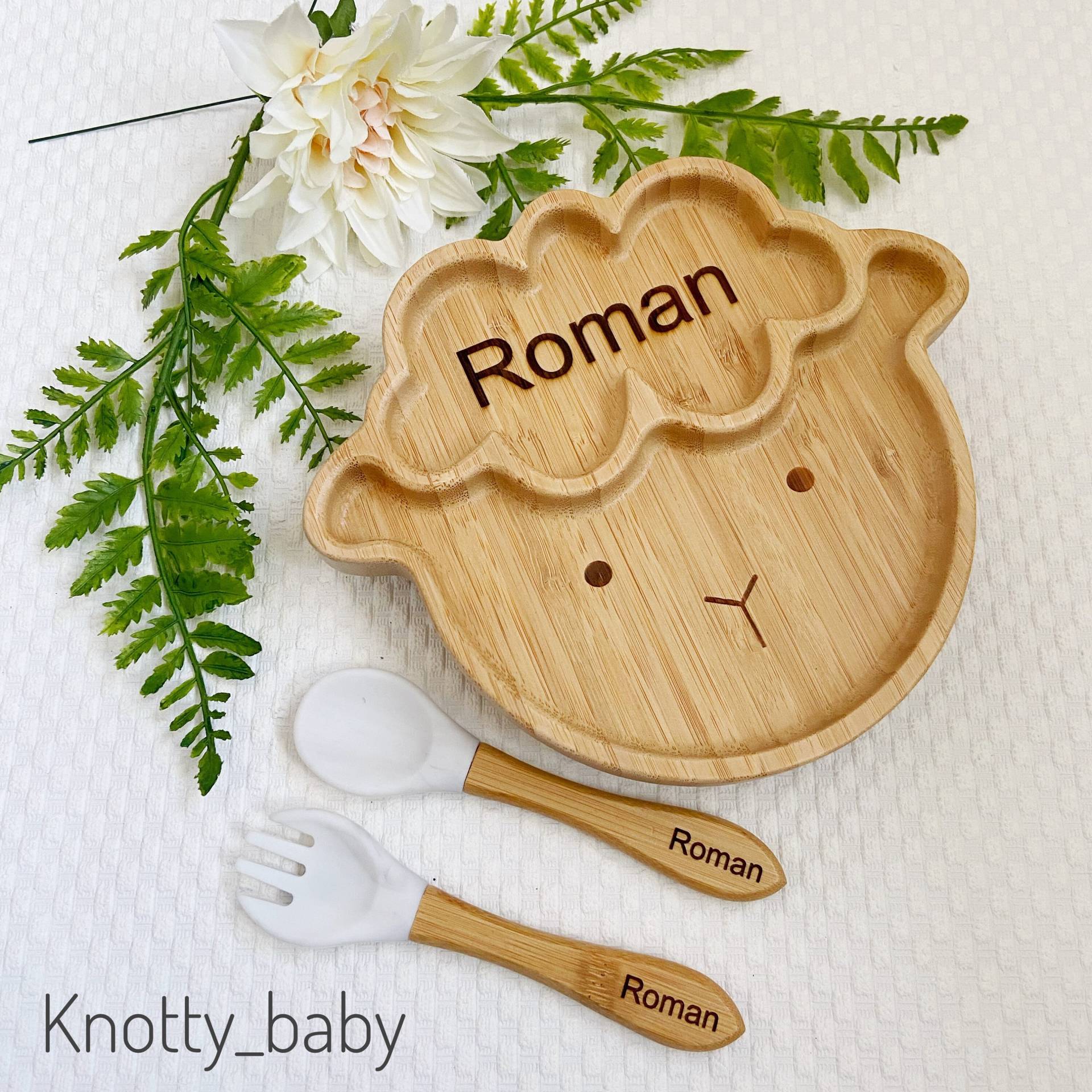 Marmor Weiß Personalisierte Bambus Schaf Baby Teller Set Mit Silikon Saugnapf, Löffel Und Gabel, Geschenk, Trainingsteller, Ostern Geschenkideen von Etsy - KnottybabyCrafts