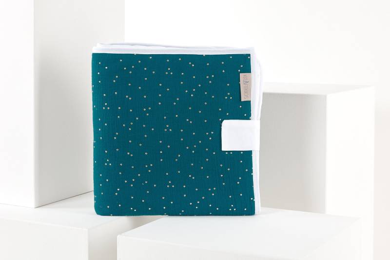 Kraftkids Reisewickelunterlage Musselin Goldene Punkte Auf Petrol von Etsy - KraftKidsShop