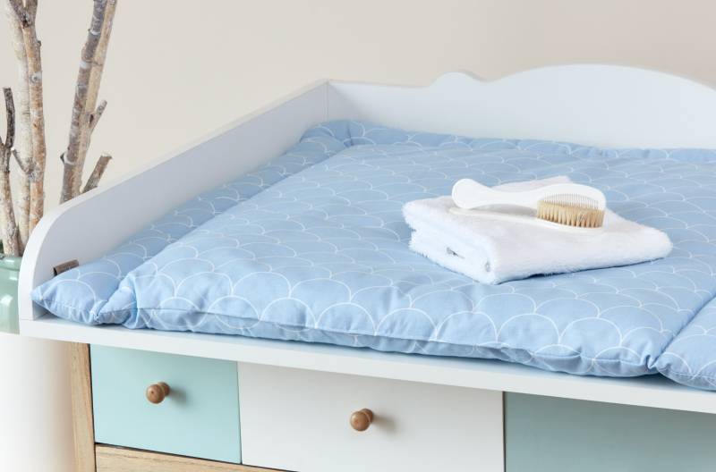 Kraftkids Wickelauflage Weiße Halbkreise Auf Pastelblau 75x70 cm | Bxt, 60x70 78x78 85x75 | Bxt von Etsy - KraftKidsShop