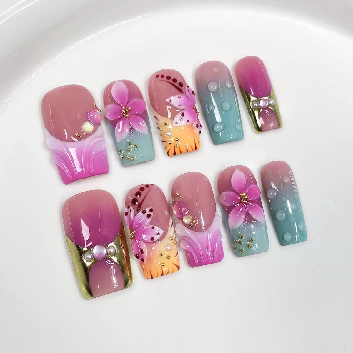 Handgemachte Press-On Nägel - Pink & Mint 3D Blumen Design Farbverlauf Nail Art Wiederverwendbar Handgemachte Press-On Nägel - Pink & Mint 3D Blumen Design Farbverlauf Nail Art Wiederverwendbar von Etsy - KugelzauberMystery