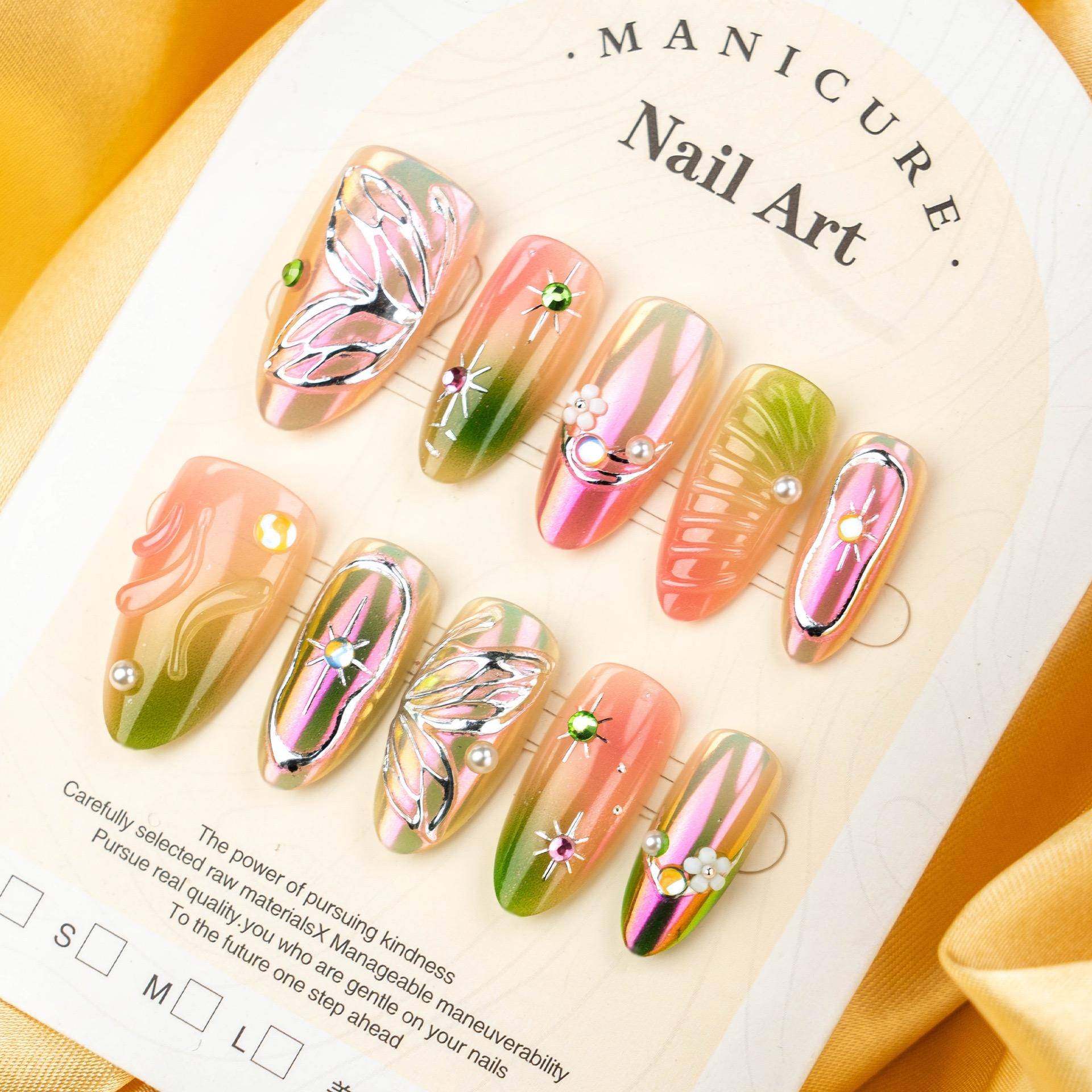Handmade Press-On Nägel - Aurora Butterfly 3D | Elegante French Nails, Wiederverwendbar von Etsy - KugelzauberMystery