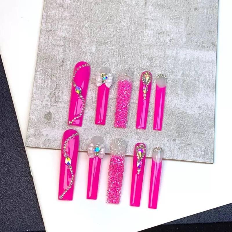Handmade Press-On Nails - Neon Pink Design Extra Lange Square Form Glitzer & Strass Glamour Statement Nägel Handmade Press-On Nails - Neon Pink Design Extra Lange Square Form Glitzer & Strass Glamour Statement Nägel von Etsy - KugelzauberMystery