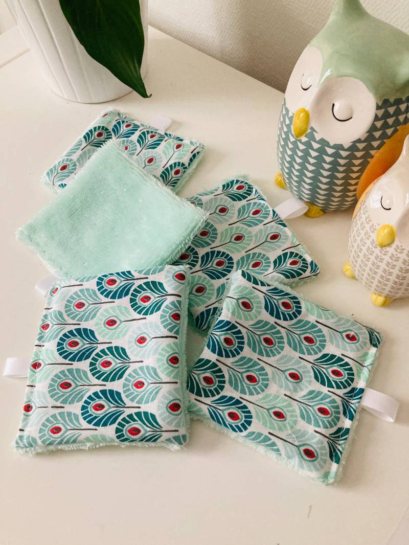 5Er-Pack Waschbare Make-Up-Entferner-Tücher Mit Wassergrünen Pfauenfedern von Etsy - LaCousetteNantaise