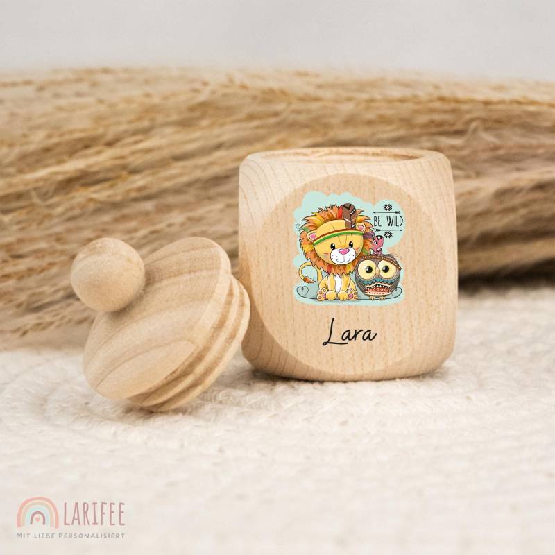 Zahndose Personalisiert Mit Löwe & Eule, Milchzahndose Name, Aus Holz, Dose Milchzähne, Schraubverschluss, Uv-Druck von Etsy - Larifee