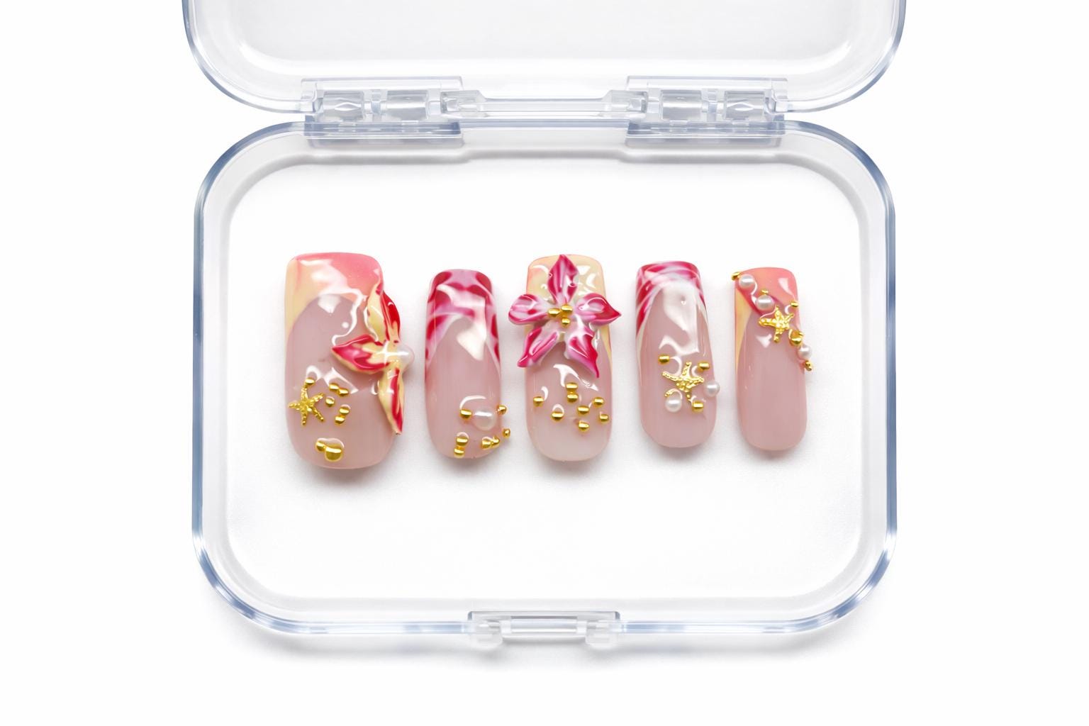 Handgemachte Press-On Nails - Rosa Blumen Design Mit Gold Details von Etsy - LeaNailsShop