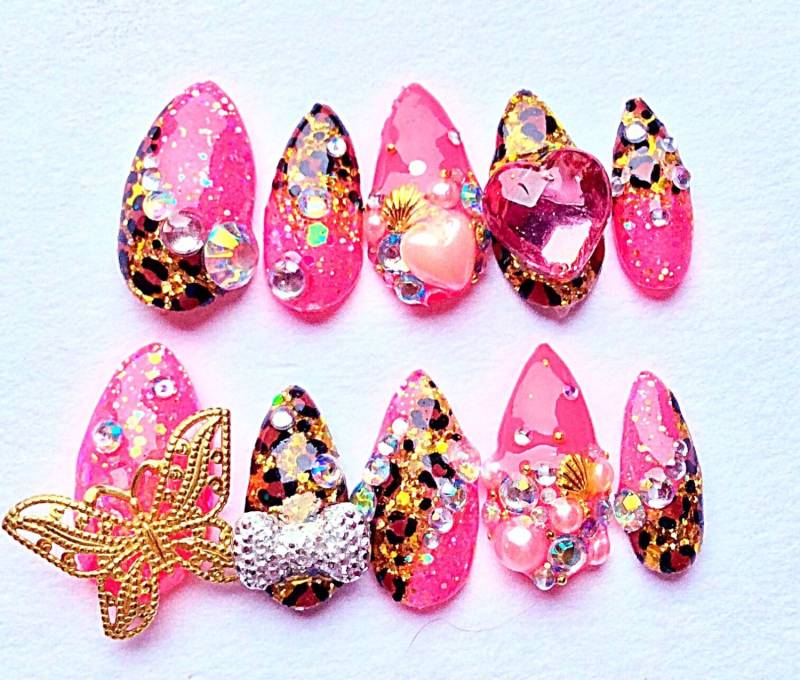 Pink Glitter Leopard Schmetterling Fierce Mermaid Kawaii Gyaru Nails von Etsy - LhouraiisShop