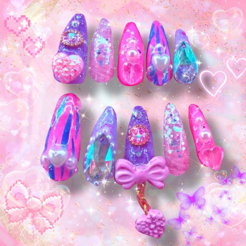 Schillernde Glitzer Rosa/Lila Kawaii Gyaru Nägel Mit Nagel Anhänger von Etsy - LhouraiisShop