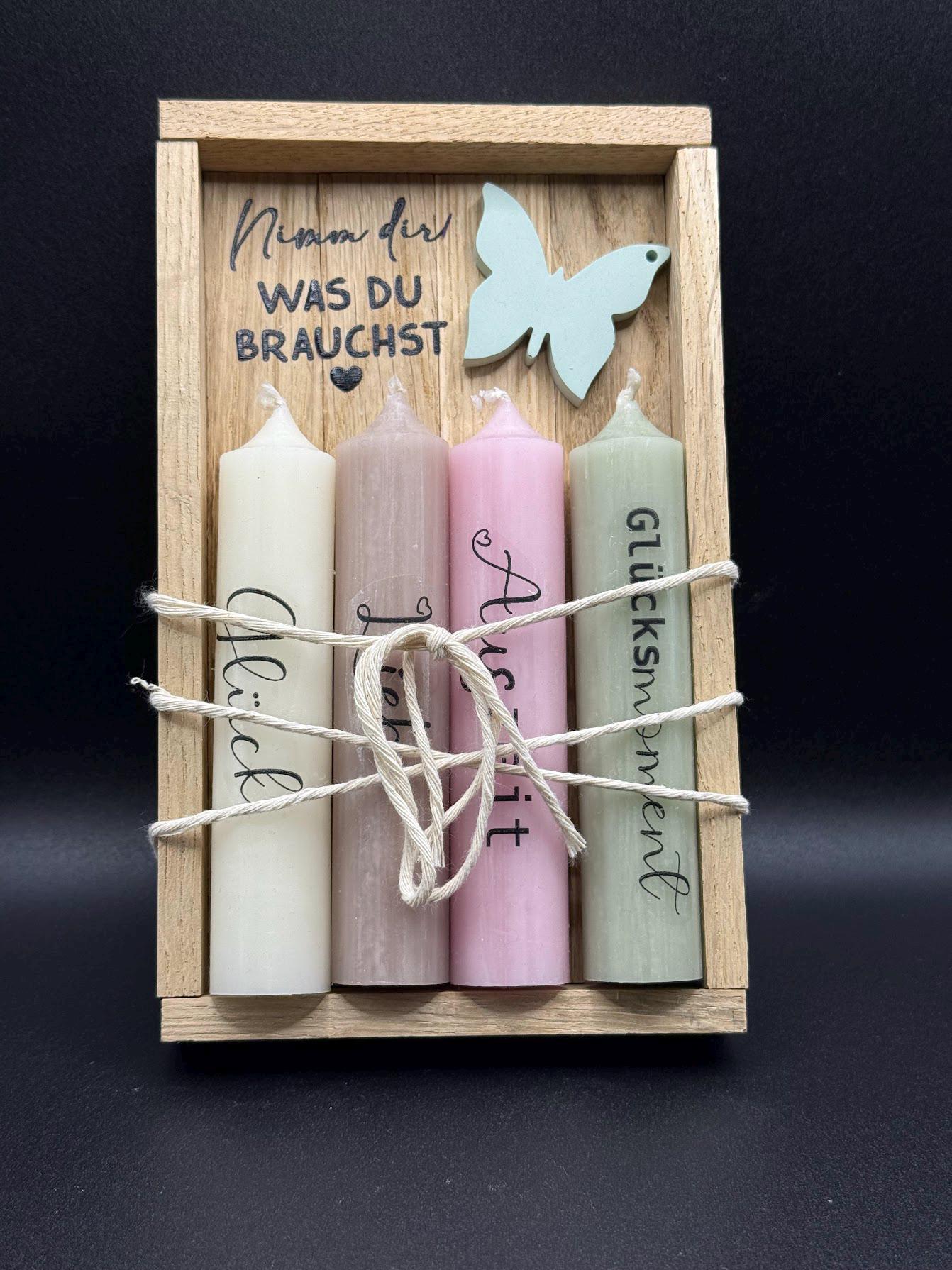 Geschenkset Nimm Dir, Was Du Brauchst Eichenholz Mit Kerzen Und Schmetterling Aus Raysin Achtsamkeitsgeschenk Handmade von Etsy - LiebesschmiedeKreati