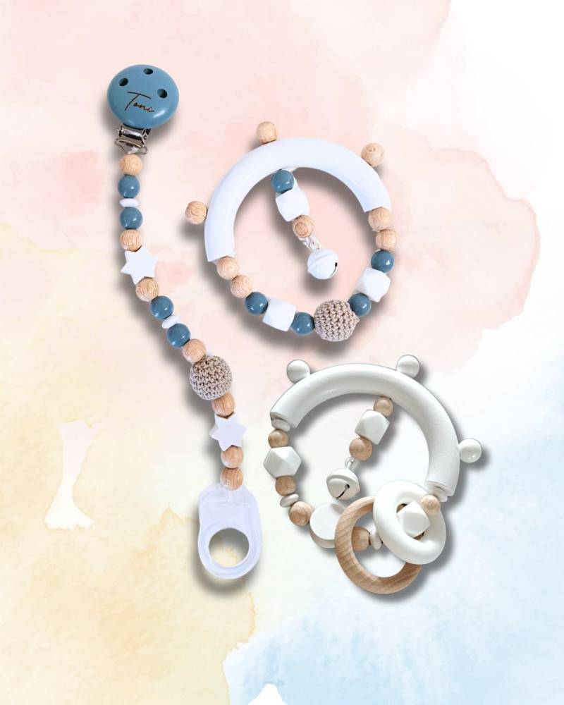 Schnullerketten-Set Inkl. Greifling | Personalisierbar Mit Namen, Häkelperlen, Sterne, Herzen, Zur Geburt, Babyparty, Taufe, Geburtsgeschenk von Etsy - LisaDesignsHN