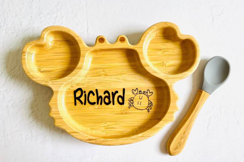 Personalisiertes Kindergeschirr | Bambus Teller, Schüssel Und Löffel Babygeschirr Entwöhnungsset Mit Silikonbasis Bleib Stehen Teller von Etsy - LittleBunnyAustralia
